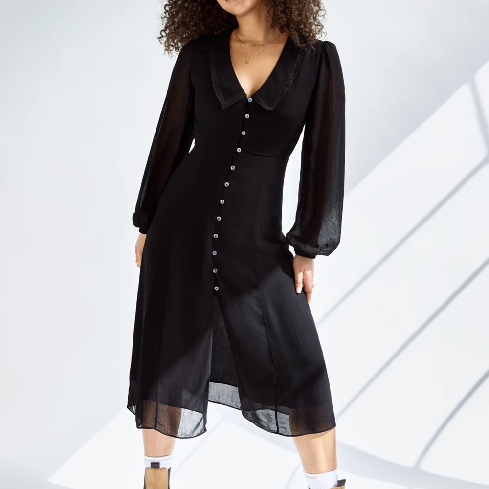 WILFRED Black Button Puff Sleeve Midi Elsa Dress